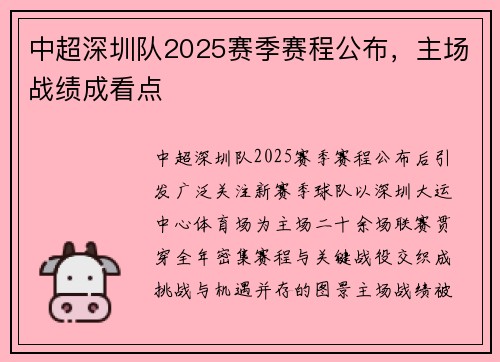 中超深圳队2025赛季赛程公布，主场战绩成看点